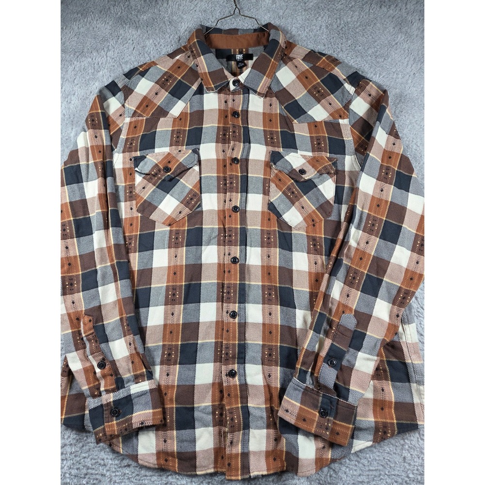 Frye Plaid Western Button Down Shirt XL Brown Black Mens Embroidered Cotton